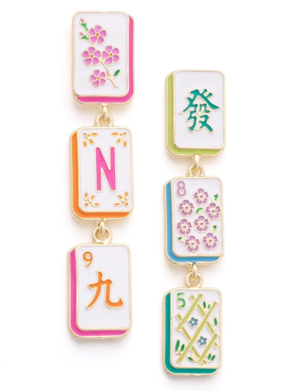 Mahjong Tile Drop Earrings Pastel Enamel Linked Statement Dangles NWT